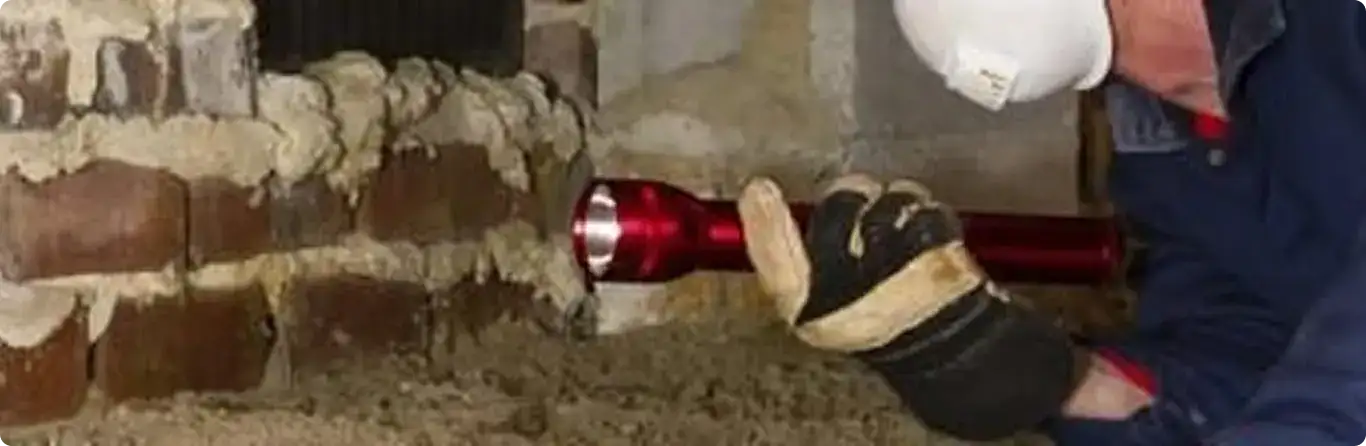 Pest control technician inspecting a crawl space for ant activity in Rogersville, MO
